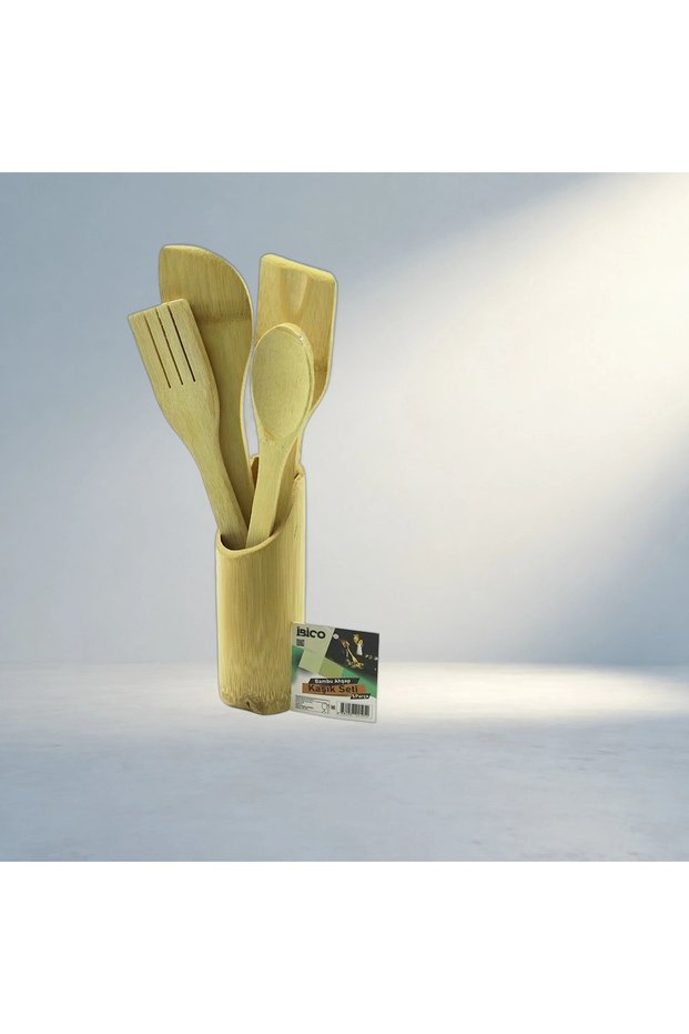 Practical Wooden Bamboo Kitchen Set with Stand, Spoon and Fork Spatula