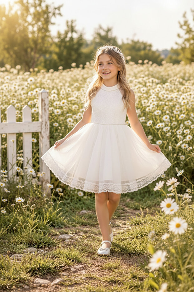 Half-High Collar, Lace Hem, Tulle Dress for Ages 8-12, Special Occasion, Birthday