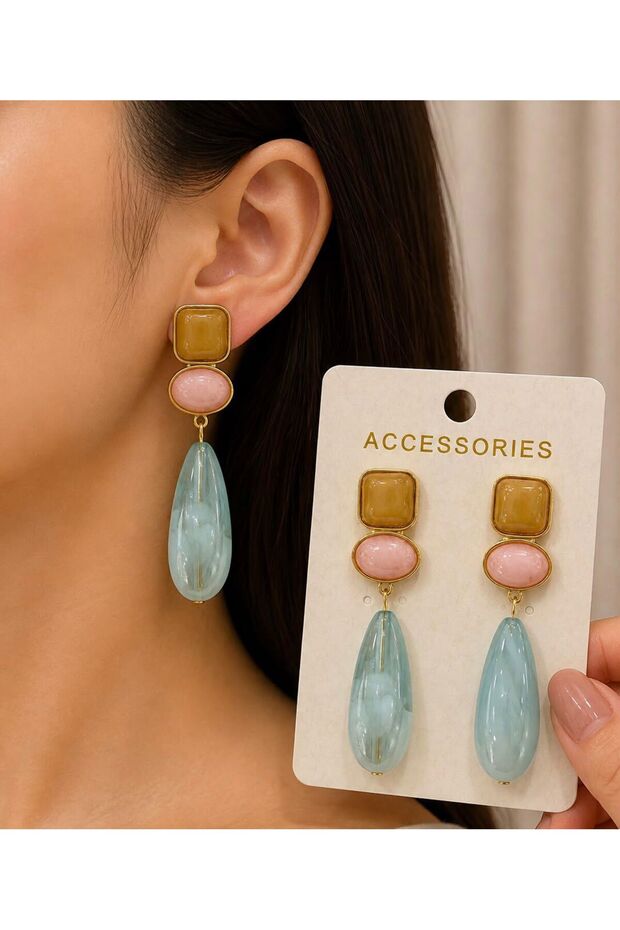 Seo-Focused: Women's Pastel Tone Acrylic Dangle Earrings - Colorful Geometric Marble Pattern Drop Earrings