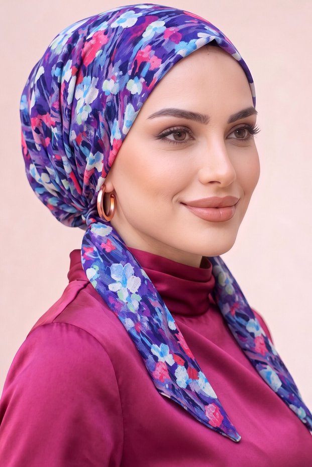 Floral Patterned Practical Scarf Bonnet Needle-Free Non-Slip Flowy Ready-To-Wear Scarf
