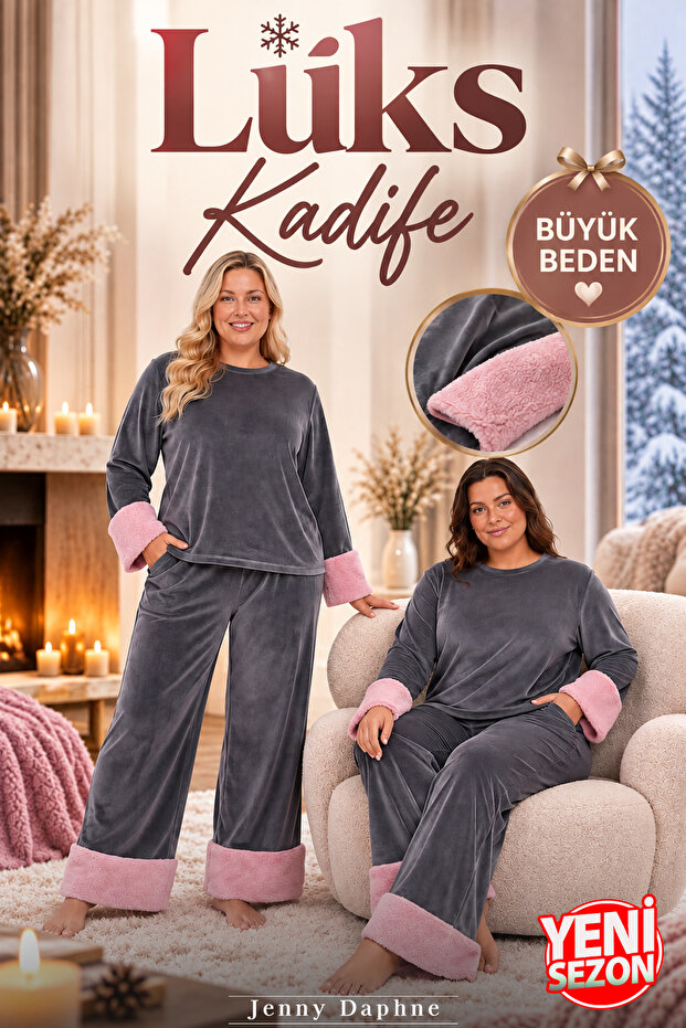 Women's Plus Size Gray Velvet Pajama Set Pink Plush Detailed Long Sleeve Winter Pajamas 38210