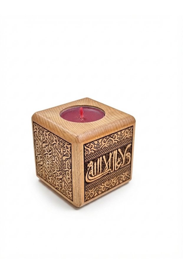 Wooden Cube Candle Holder – 9cm Laser Engraved Granada Design & Arabic Calligraphy Tealight Holder, Islamic Home Decor & Gift