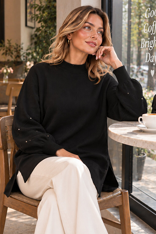 Sweater with Stone Detail on Sleeves K6033 Black