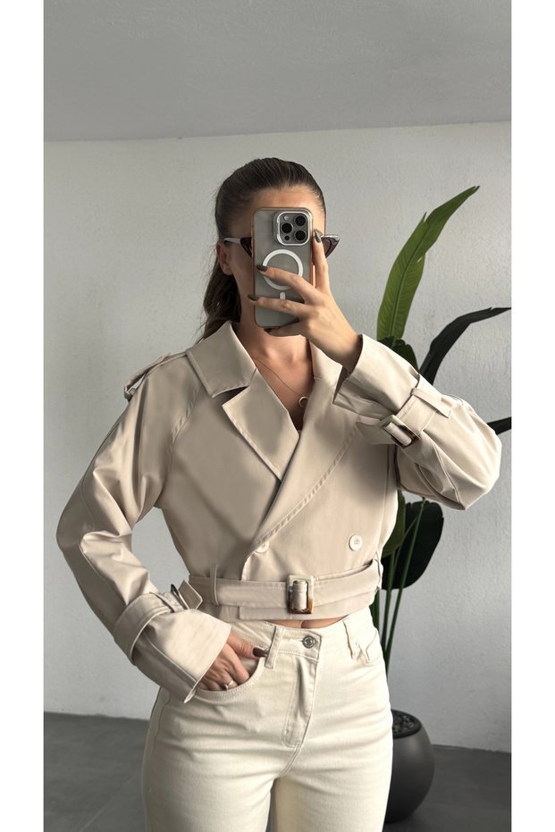Women's Cream Short Length Crop Belted Double Breasted Trench Coat Jacket Long Sleeve Belted Stylish Casual Outerwear