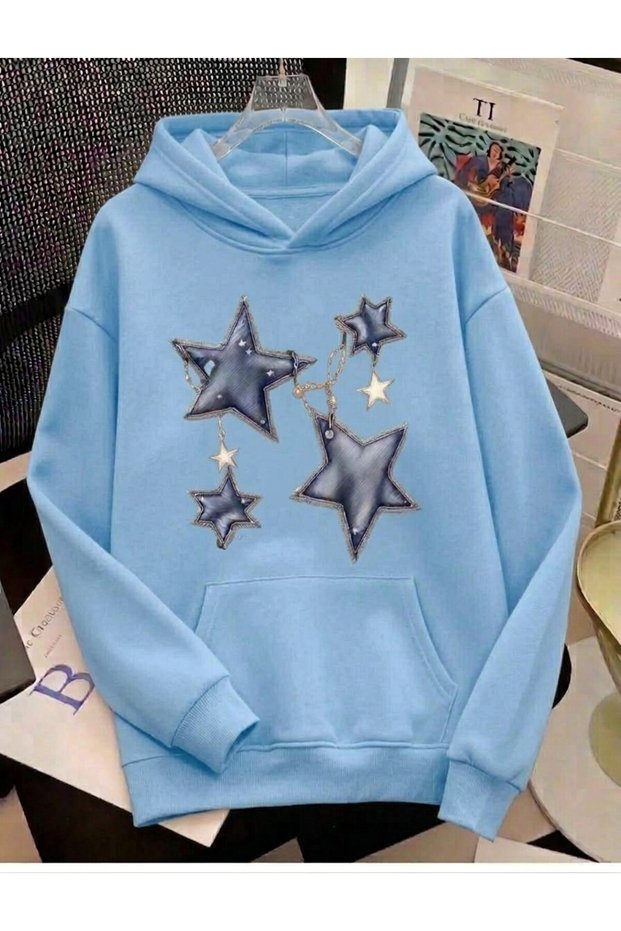 Women's 4 Chain Star Print Hooded Oversized Sweatshirt