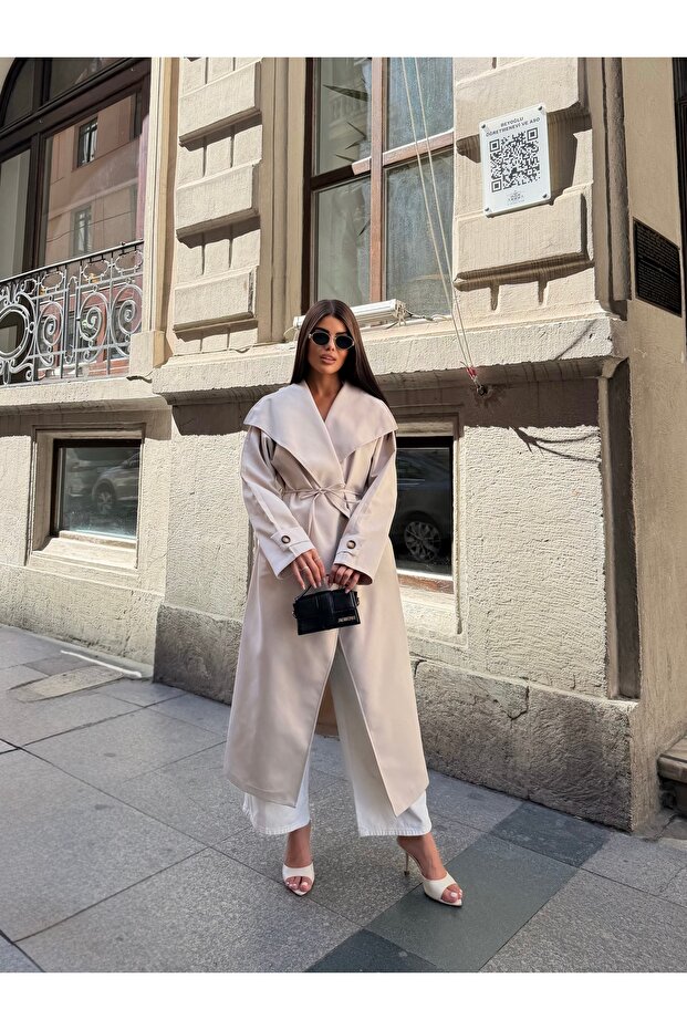 Women's Cream Double-Breasted Belted Trench Coat