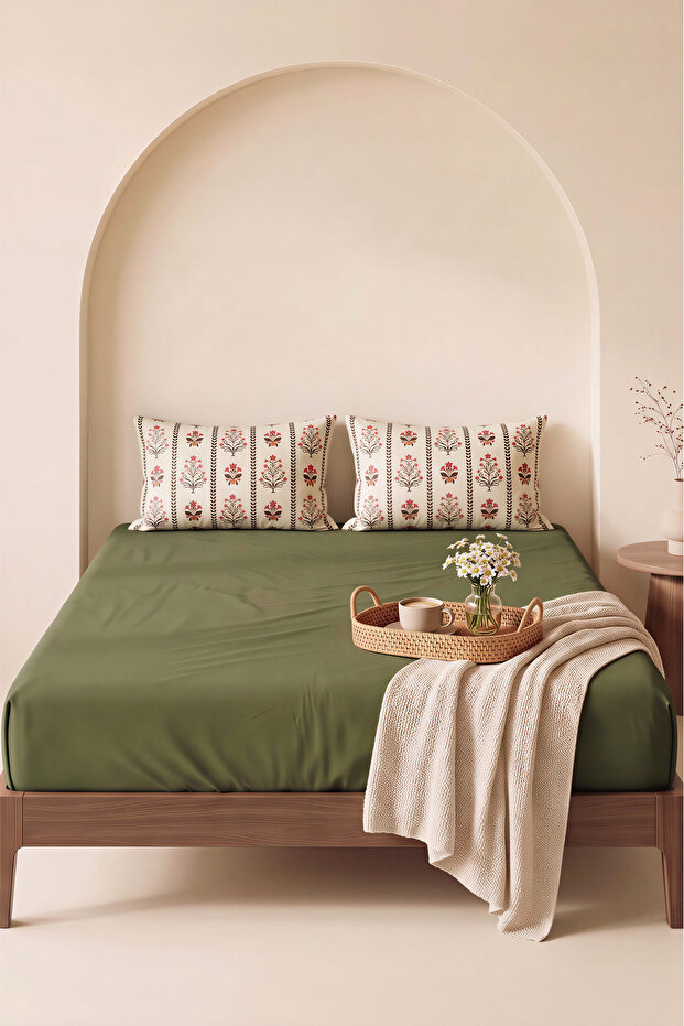Haki Lora Double Elastic Bed Sheet Set 160X200 cm - 3 Pieces