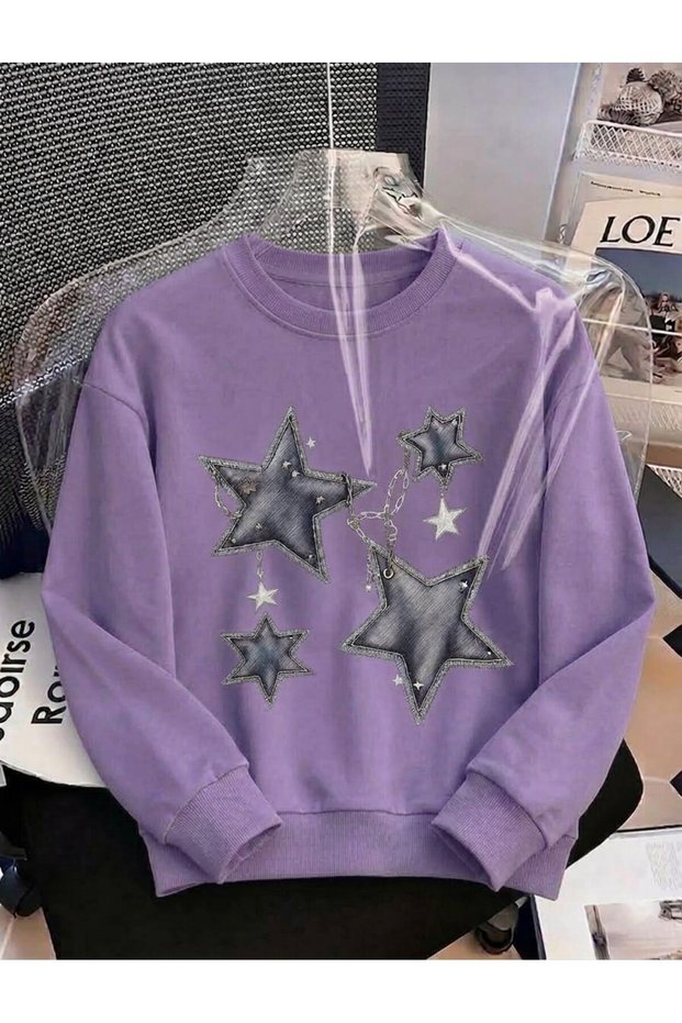 Women's Chain-Printed 4-Star Printed Crew Neck Oversized Sweatshirt