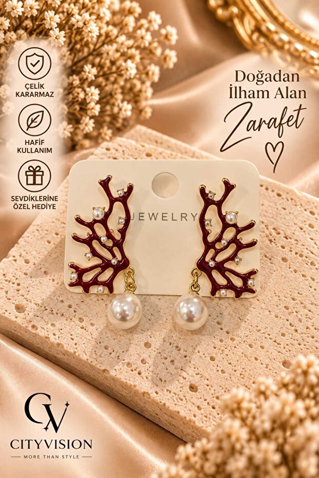 Deer Model Pearl Dark Red Color Stainless Steel Earring Set