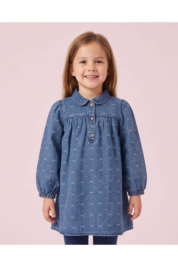 Girls Blue Jacquard Peter Pan Collar Dress