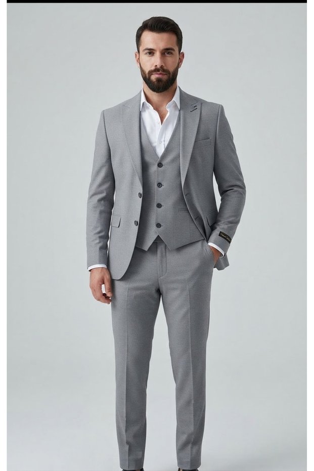 Men's Gray Slim Fit Lycra Thick Premium Fabric 3 Piece Suit