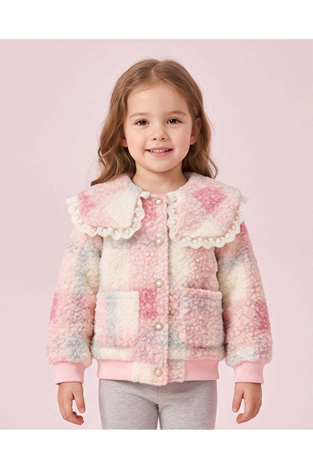 Girls Multicolour Checked Faux Fur Jacket