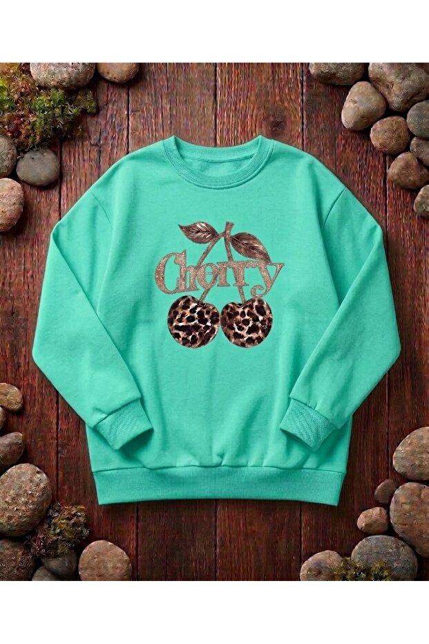 Women's Leopard Cherry Print Oversized Crew Neck Sweatshirt