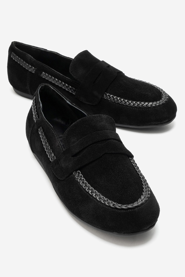 Francis Black Suede Genuine Leather Women's Loafer Shoes with Knitted Detail
