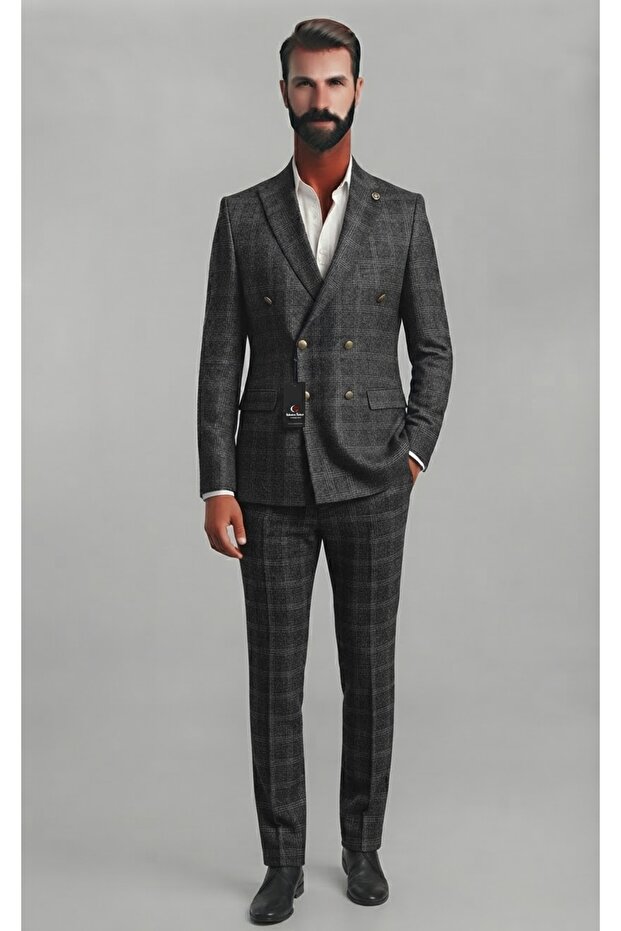 Men's Black Plaid Patterned Slim Fit Double Breasted Suit