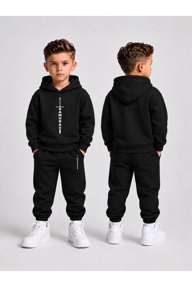 Boys' Hooded Sweatshirt Rubberized Cuffed Tracksuit Set – Winter Top and Bottom Set