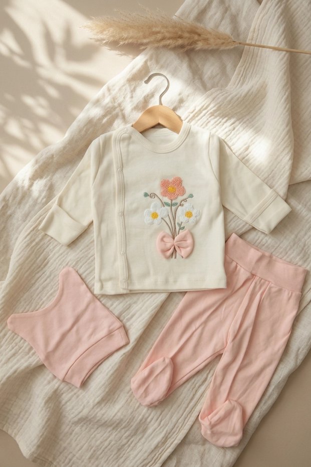 Flora Dream 100% Cotton Floral Embroidered 3-Piece Baby Set - Ecru and Powder Pink - Newborn Hospital Set