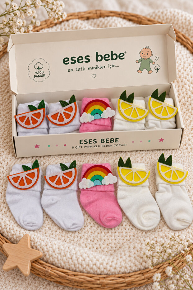 5 Pairs of Cotton Baby Socks, Colorful Patterned, Boxed Set