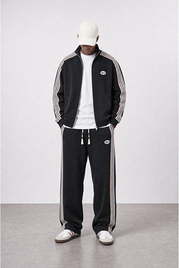 Men's Winner Stripe Detailed Doubleface Tracksuit Set Black