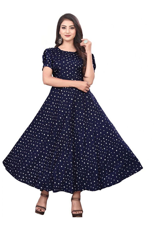 Navy Blue Floral Print A-Line Maxi Dress - FFT1079 | Navy Blue-Size:L-40-Inches