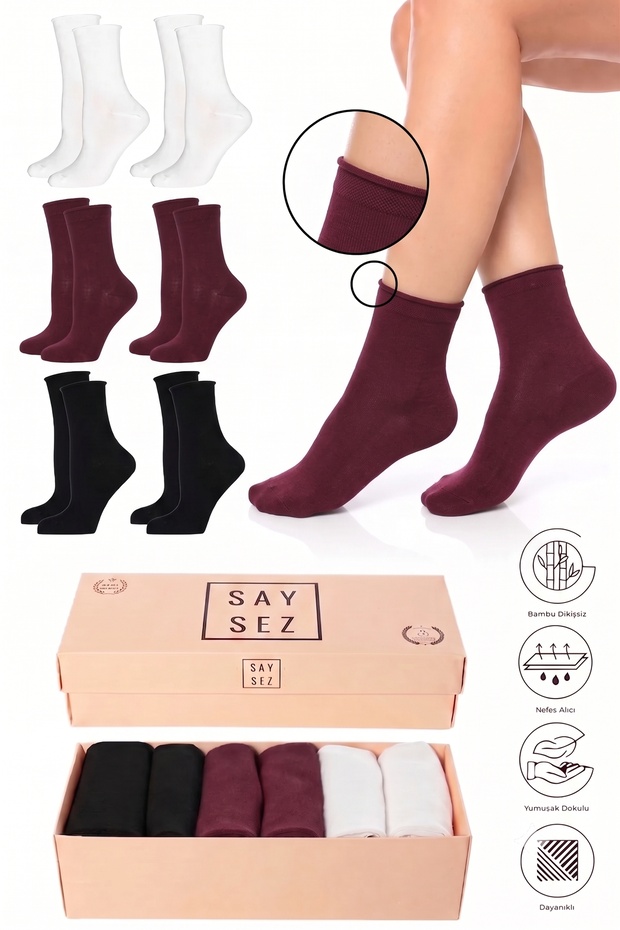 Bamboo Women's Elasticless Black-White-Burgundy Seamless Premium Socks Boxed 6-Piece / Non-Marking / Non-Tightening Socks