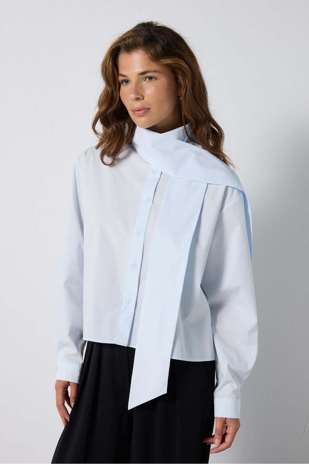 Women's Blue Premium Wide-Cut Poplin Shirt with Scarf 32008