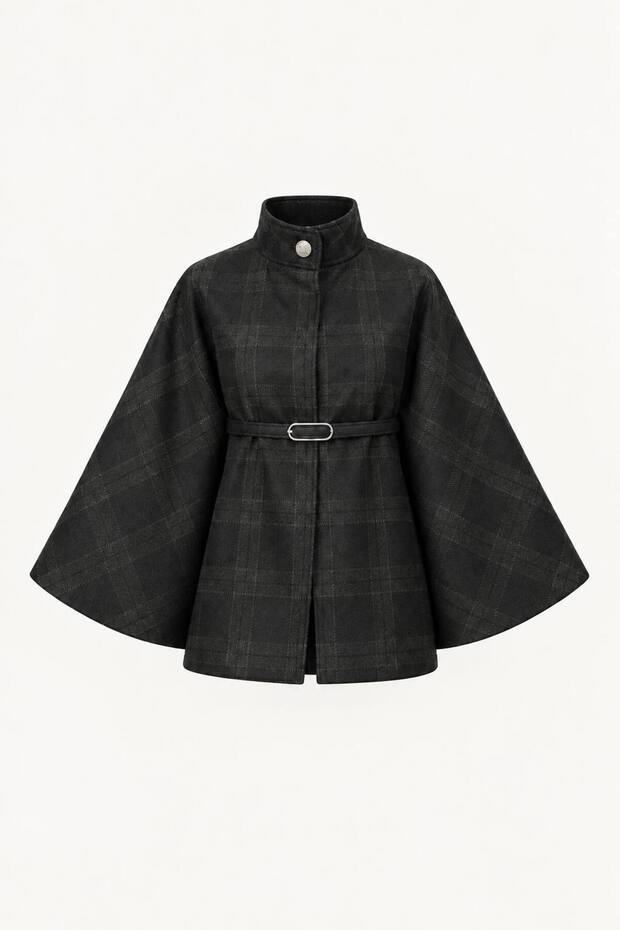 Belted Plaid Cape Jacket Poncho