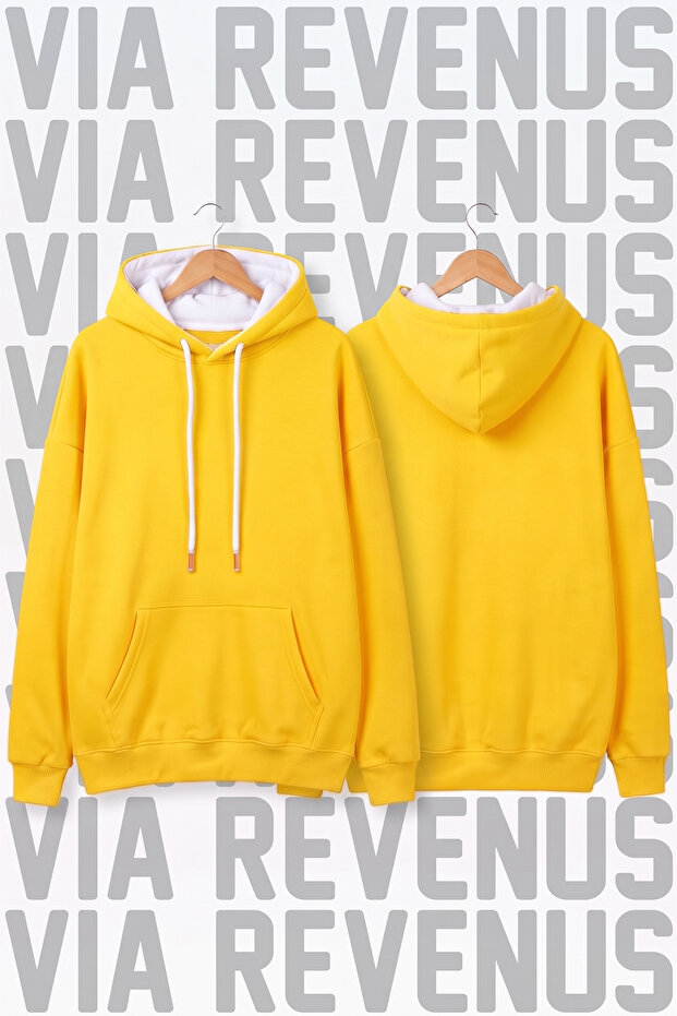 Unisex Wide Fit Yellow Hoodie Sweatshirt - 3-Thread Fleece Hood Lining with Drawstring Detail