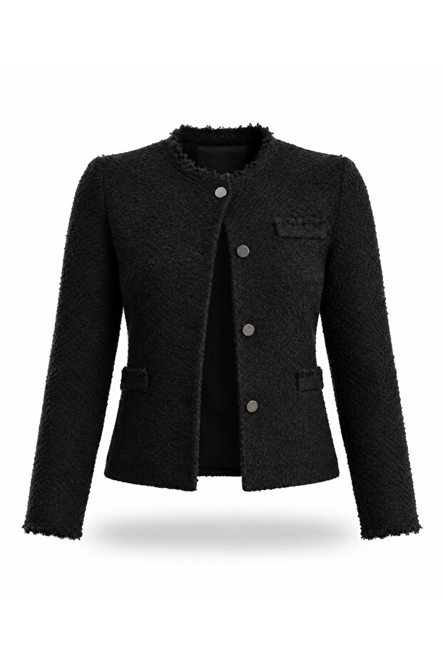 Black Buttoned Tweed Jacket 03044