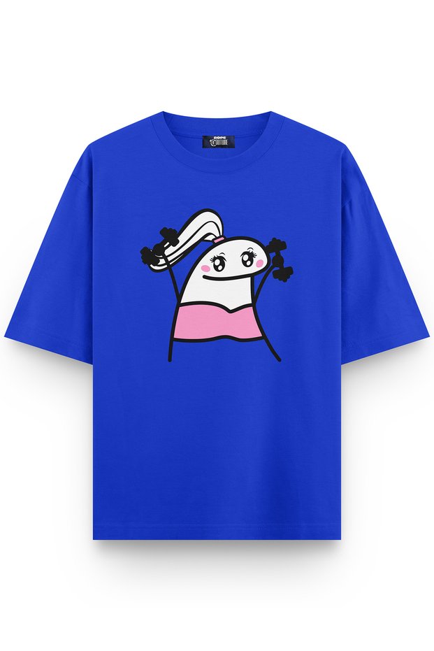 Dumbbell Girl Front Printed Oversize T-Shirt Blue