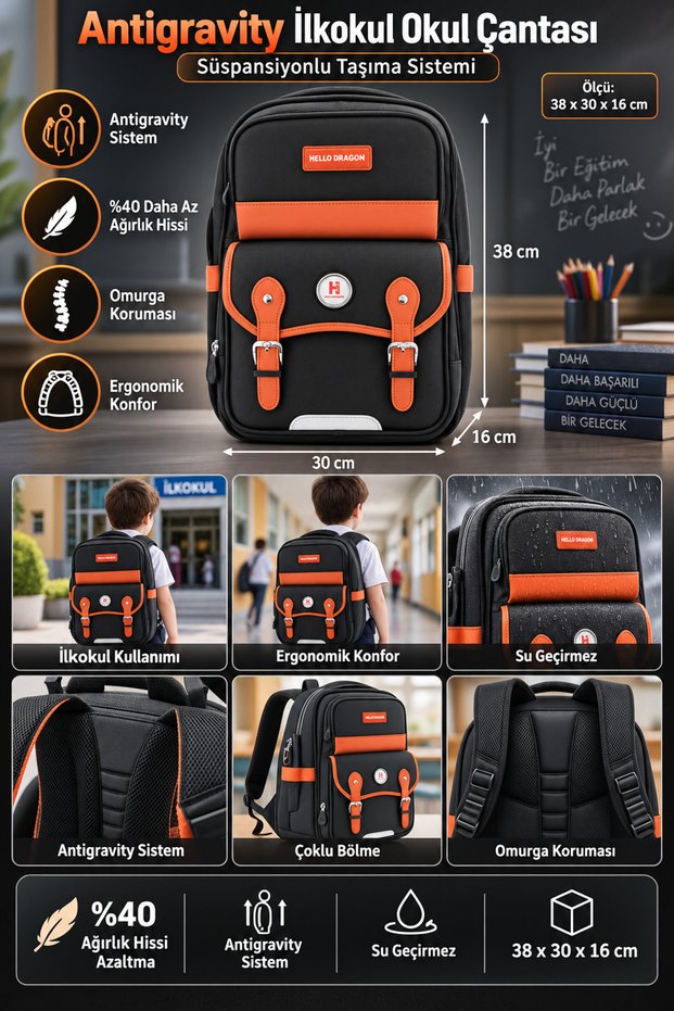 Primary School School Bag Model 13 Black Antigravity 38X30X16 cm