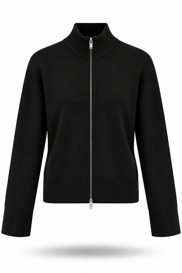 Black Mock Neck Zippered Cardigan 0657