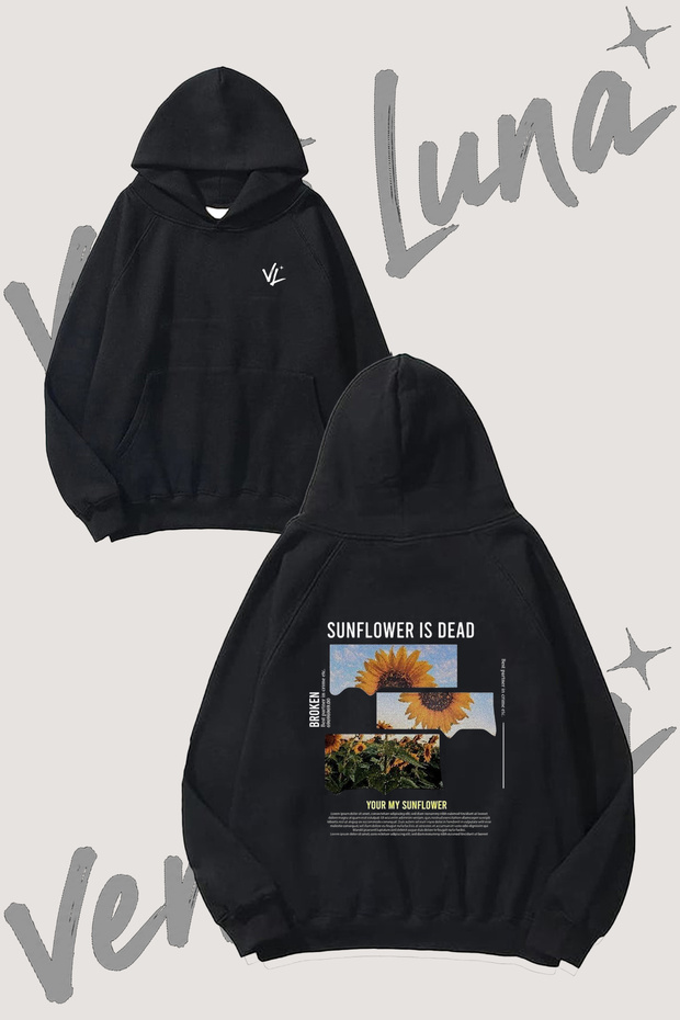 Gunes Cicegi Design Back Printed Black Hooded Sweatshirt