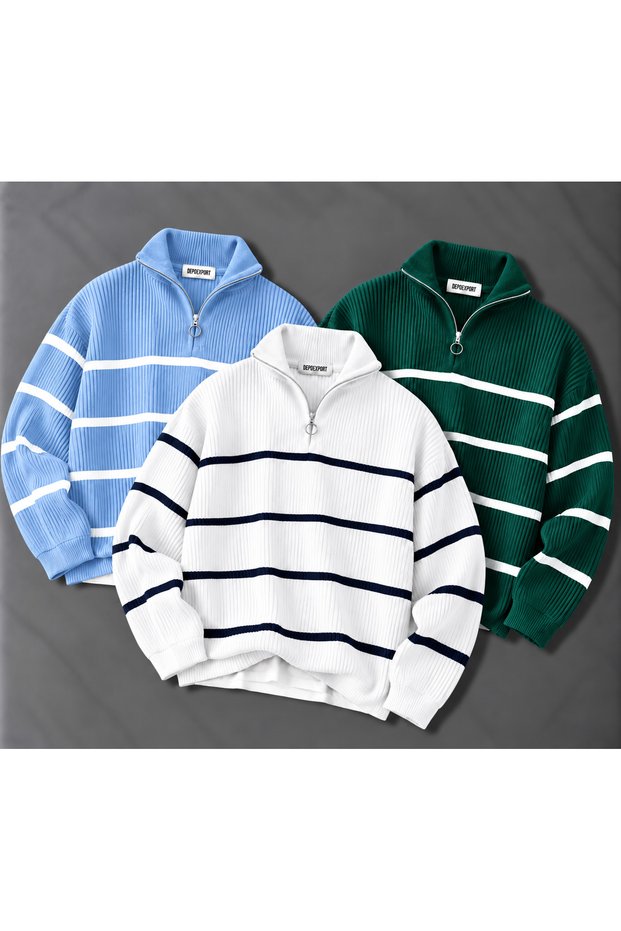 Women's 3-Piece Thessaloniki Knitted Half-Zip Striped Knitwear Sweater High Collar Winter