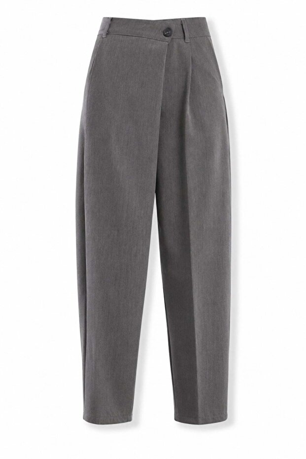 Gray Double-Breasted Pleated Fabric Trousers 19126