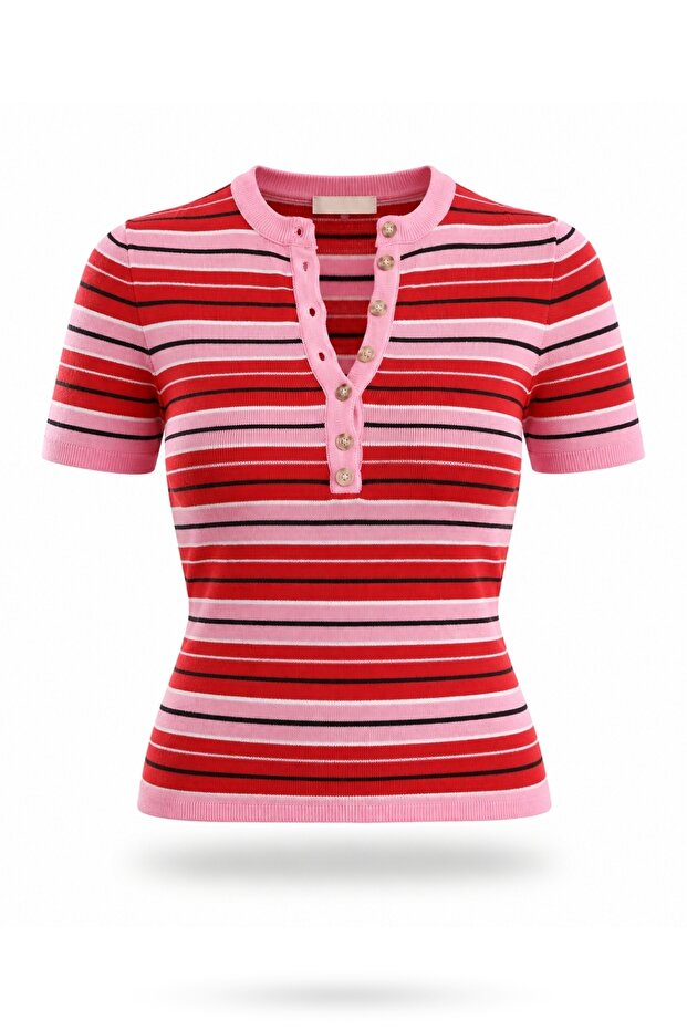 Pink Striped Buttoned Short Sleeve Knitwear 4752