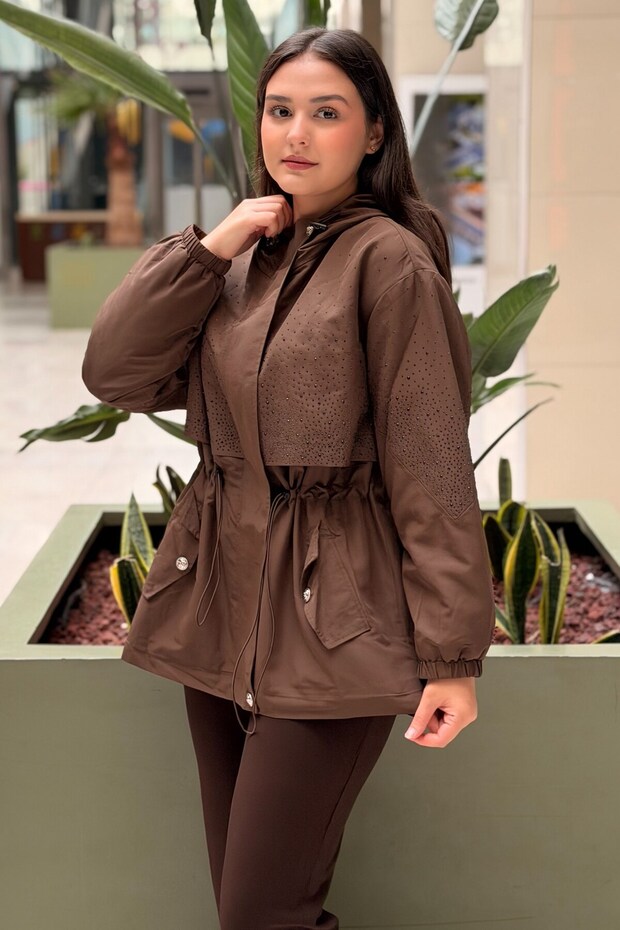 Hooded Covers Stone Embroidered Zippered Coat