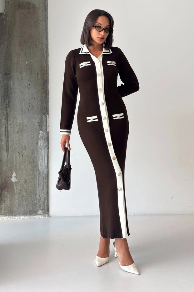 Women's Bitter Brown Stripe Detailed Buttoned Polo Collar Long Sleeve Knitwear Dress (S/M)