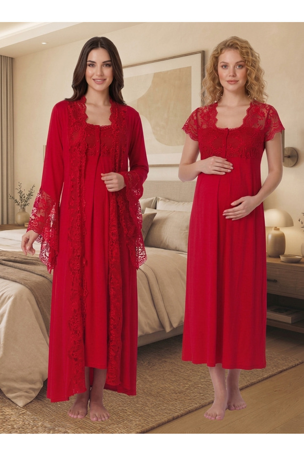 Lace Robe and Maternity Nightgown Set with Nursing Features Effortt