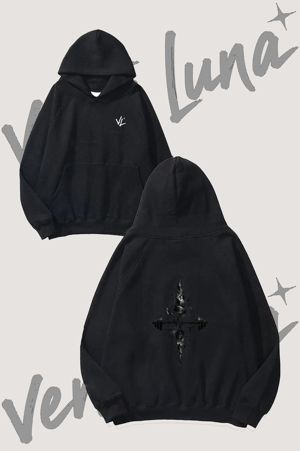 Barbell Heartbeat Design Back Printed Black Hooded Sweatshirt