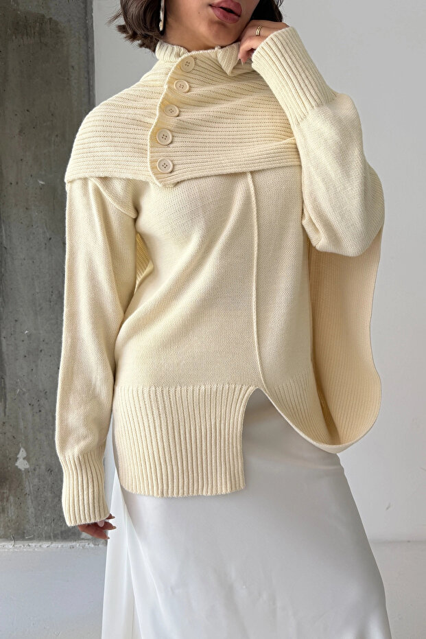 Women's Ecru Buttoned Shawl Detailed Slit Premium Quality Knitwear Poncho Sweater
