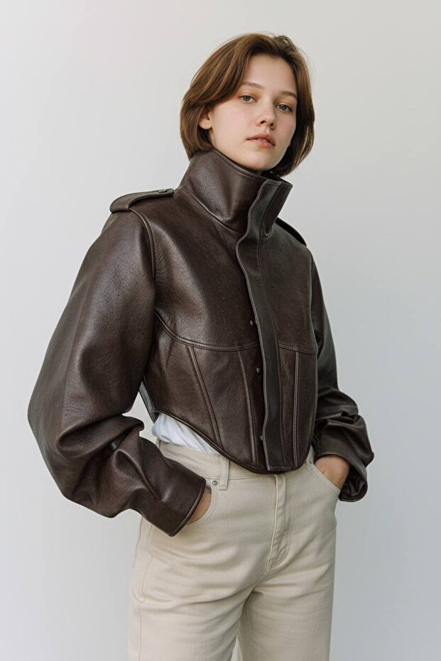 Women's Stand Collar Pleated Leather Jacket