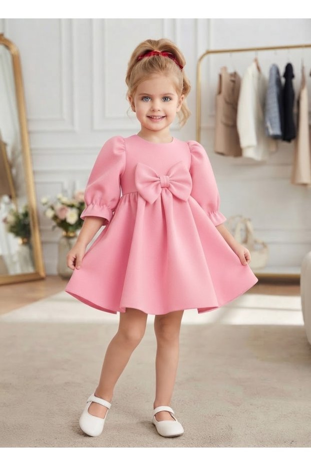 Girl's Stylish Event and Party Birthday Dress with Bow Detail