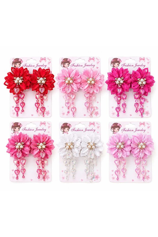 Pearl Detailed Large Floral Heart Dangle Hair Clip Set of 2 - Stylish Tassel Hair Clip