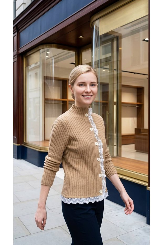 Lace Detailed Ribbed Knit Cardigan