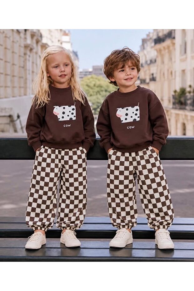 Girls' and Boys' Cow Printed Brown Sweatshirt Checked Printed Tracksuit Set 2-8 Years