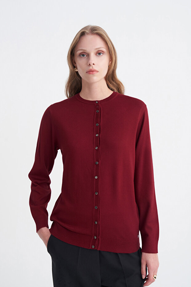 Button Detailed Ribbed Knitwear Cherry Cardigan 0042