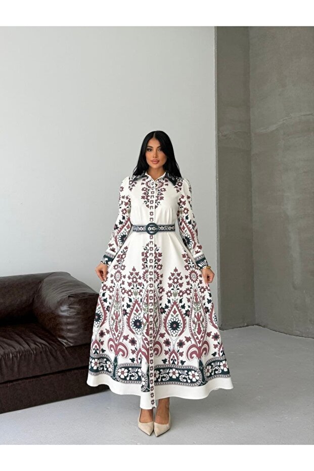 Women's White Floral Patterned Belted Maxi Dress