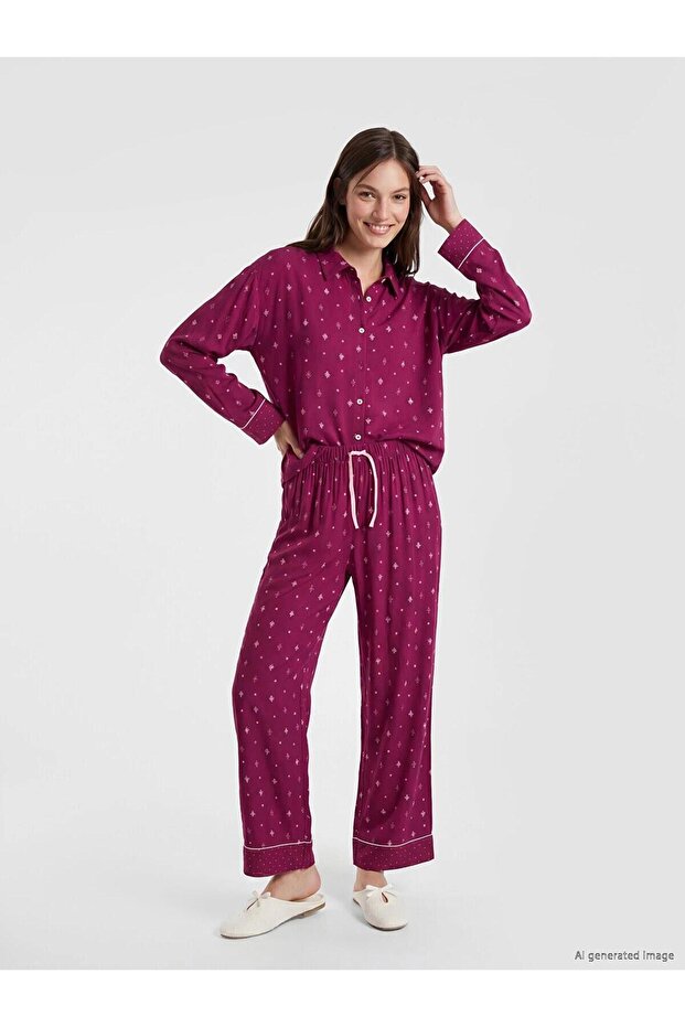 Shirt Collar Patterned Women's Pajama Set (W6)