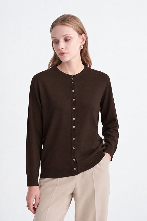 Button Detailed Ribbed Knitwear Brown Cardigan 0042
